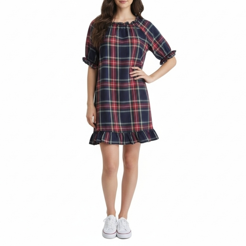 Hill House Katherine Nap Dress XS Navy Red‎ Plaid Ruffle Cotton